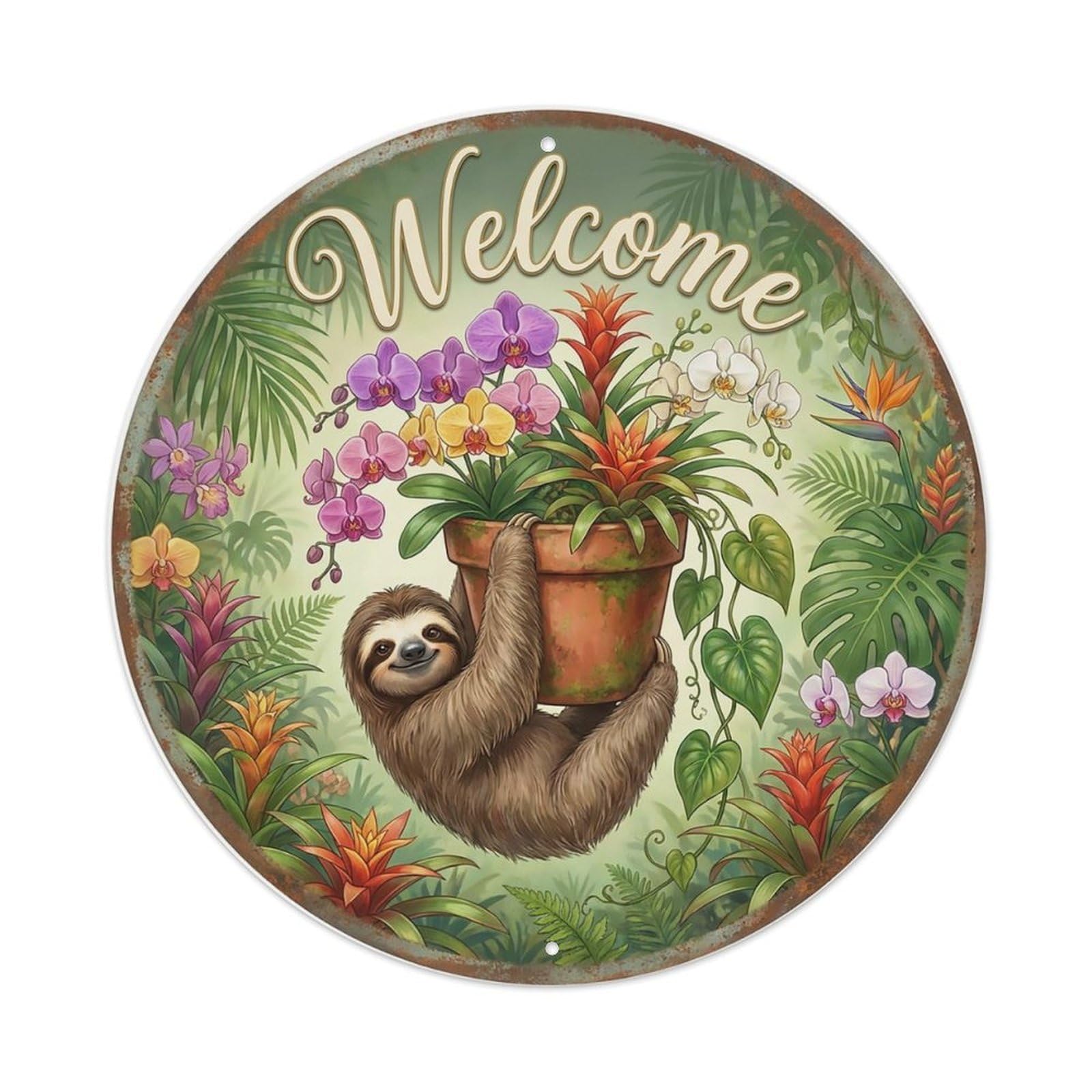 Welcome Sloth Orchid Garden Metal Tin Sign