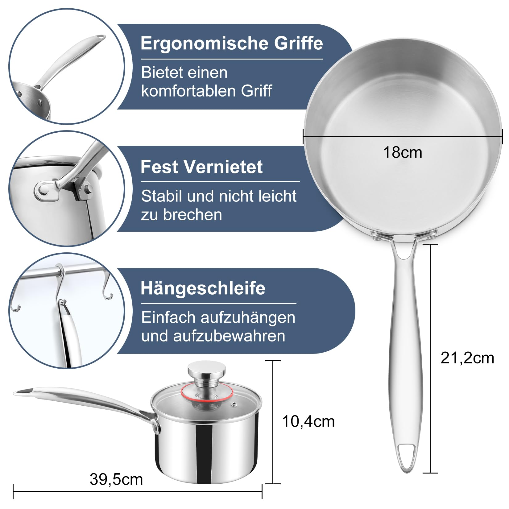 Onader rondel 18 cm, 3-warstwowy garnek ze stali szlachetnej do wszystkich rodzajów kuchenek, w tym indukcyjnych, rondel 2,4 l ze szklaną pokrywką, zdrowy i nadaje się do mycia w zmywarce