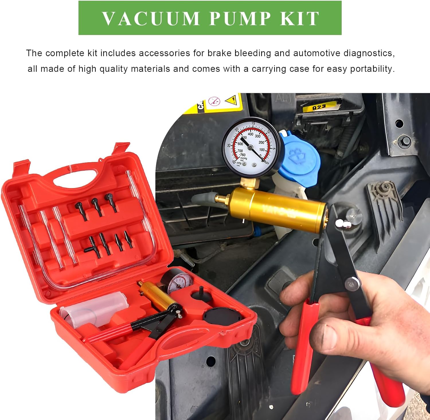Hand Held Vacuum Pump Brake Bleeder Kit, One-Man Brake Clutch Oil Fluid Bleeding System with Gauge Adapters, Vacuum Pump Pressure Tester with Protected Case for SUV Truck Bike (Red)