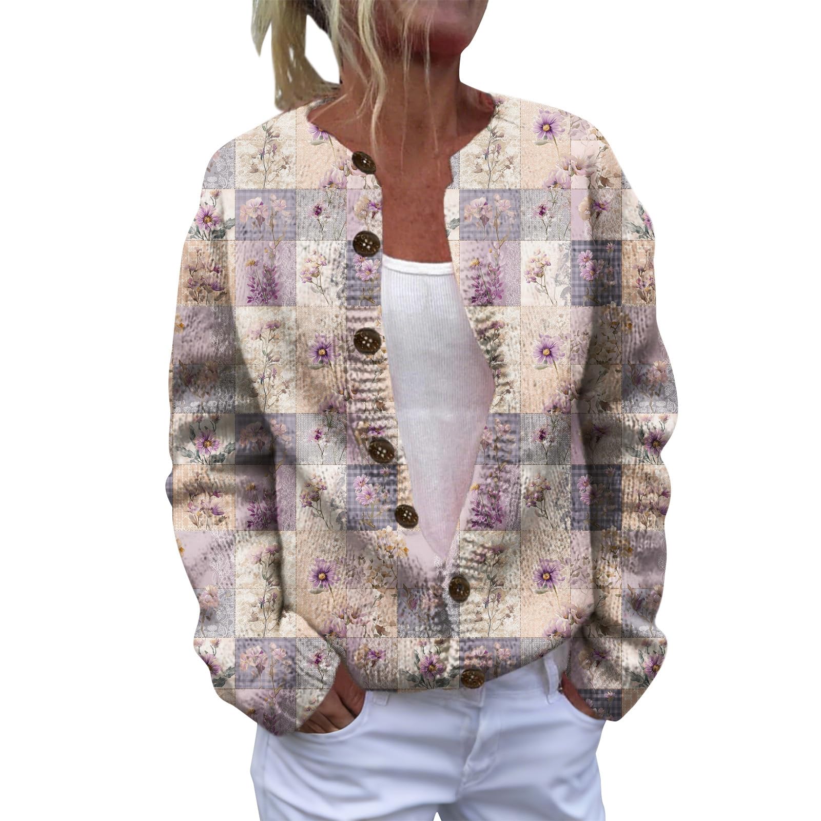 Womens Cardigan Sweater Boho Floral Printed Open Front Knit Cardigans Casual Comfy Button Up Crewneck Winter Fall Tops