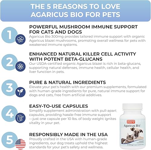 Miniatura 2 de Agaricus Bio 300 mg para caninos y felinos, suplemento para mascotas de hongos beta glucano para aumentar la defensa inmunológica crítica y la salud