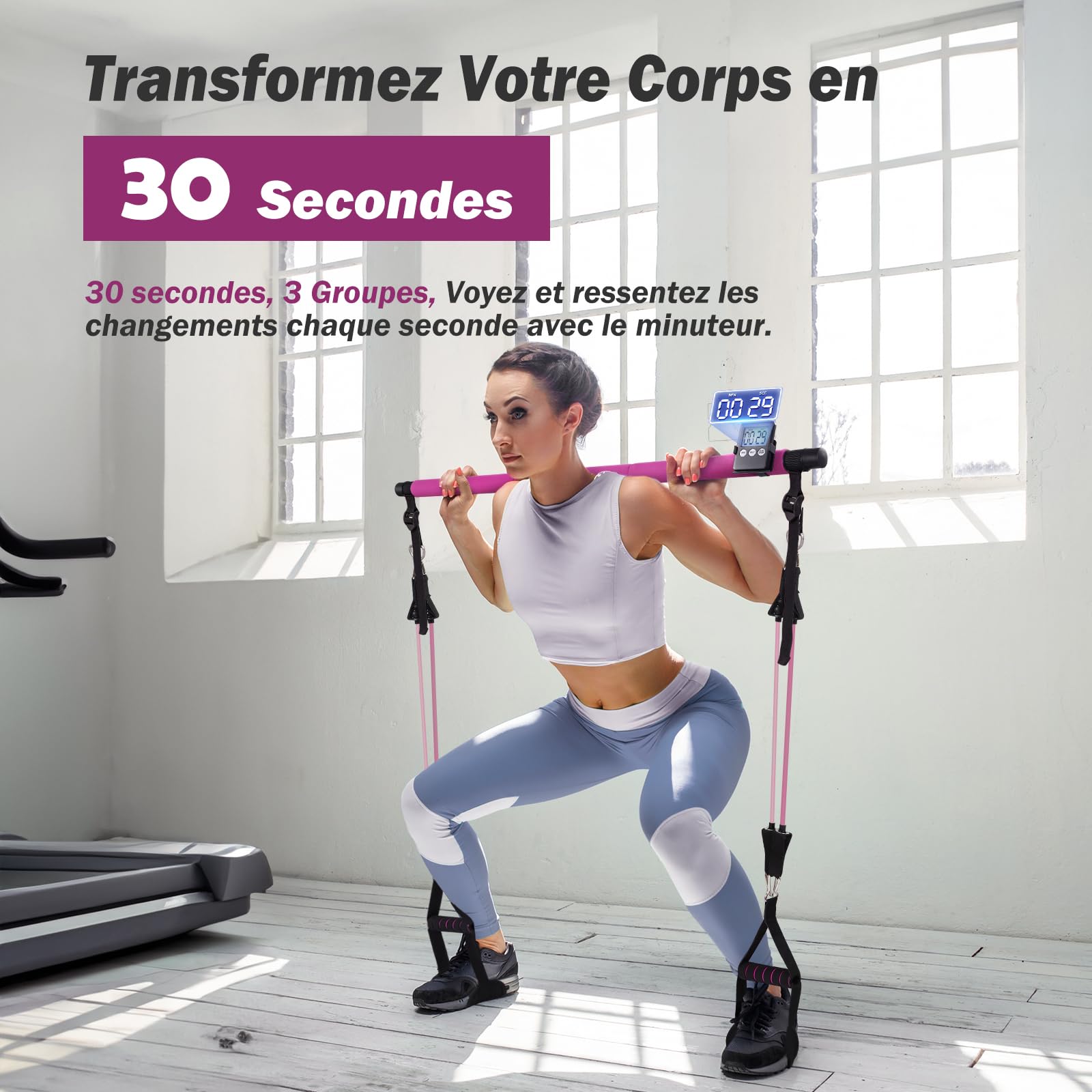 ALongSong Elastiques Musculation Sport Maison - Kit Barre de Pilates pour Homme Femme avec 4 Bandes de Résistance Élastique 20-140Lbs & Minuteur pour Complet Entraînement Yoga/Musculation