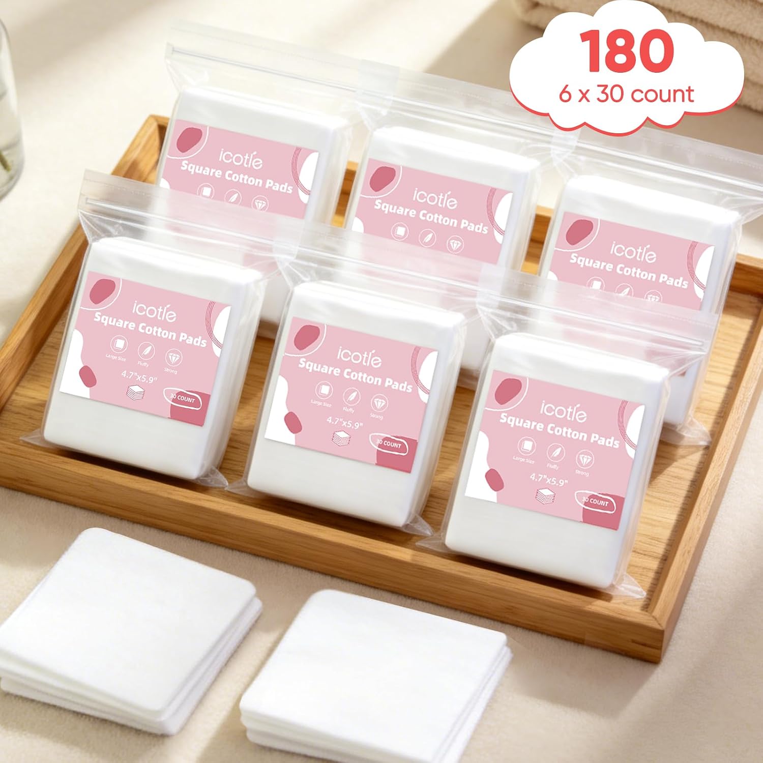 ICOTLE Jumbo Cotton Pads, 180 Count, 100% Cotton Disposable Wipes 4.7" x 5.9", Ultra Soft Dry Cotton Tissue for Sensitive Skin & Personal Care