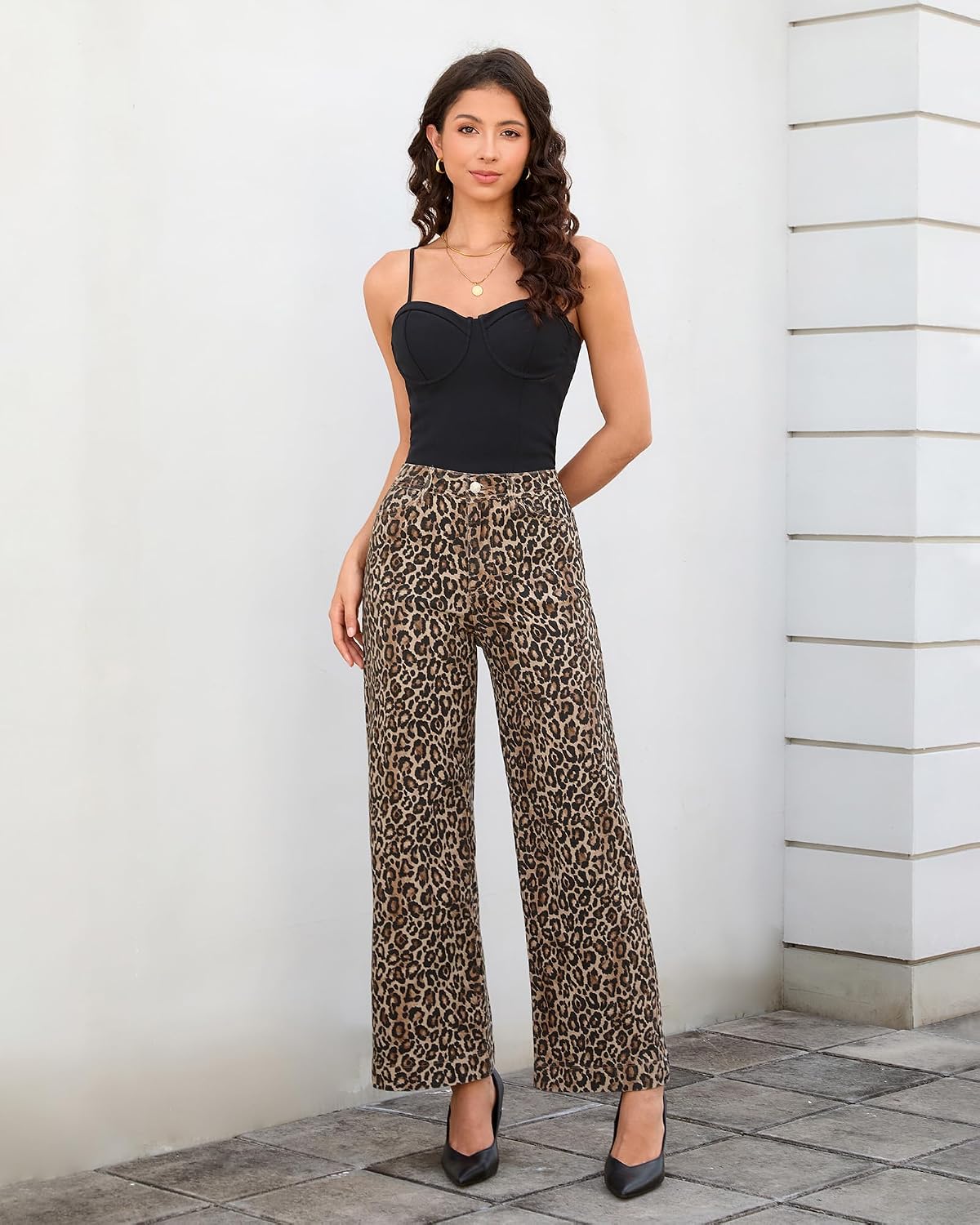 Wide Leg Jeans for Women Leopard Cheetah Print Ankle Denim Pants thumbnail