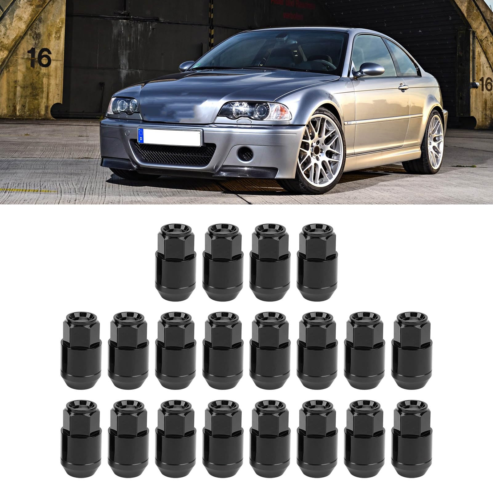 20er-Pack M12x1,5 Radmuttern, hochfeste Radmuttern, professioneller Spline-Radmuttern-Ersatz für die meisten Fahrzeuge, 19 mm L42 mm (Schwarz)