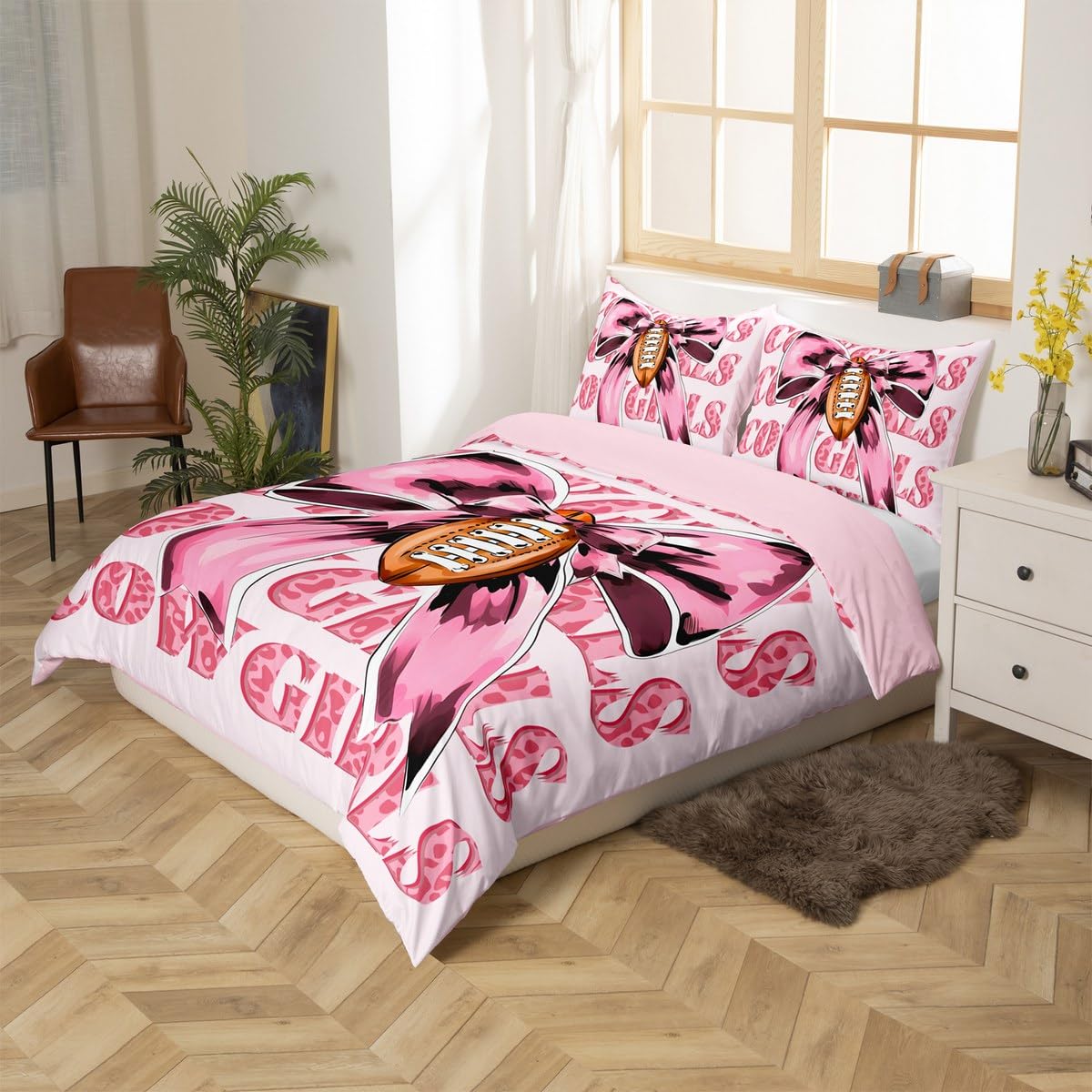 Homewish Różowa kokarda poszewka na kołdrę king size futbol amerykański zestaw pościeli dla dziewczynek dzieci zachodni kowboje kokarda krawat poszewka na kołdrę kawaii akwarela lampart nadruk pościel