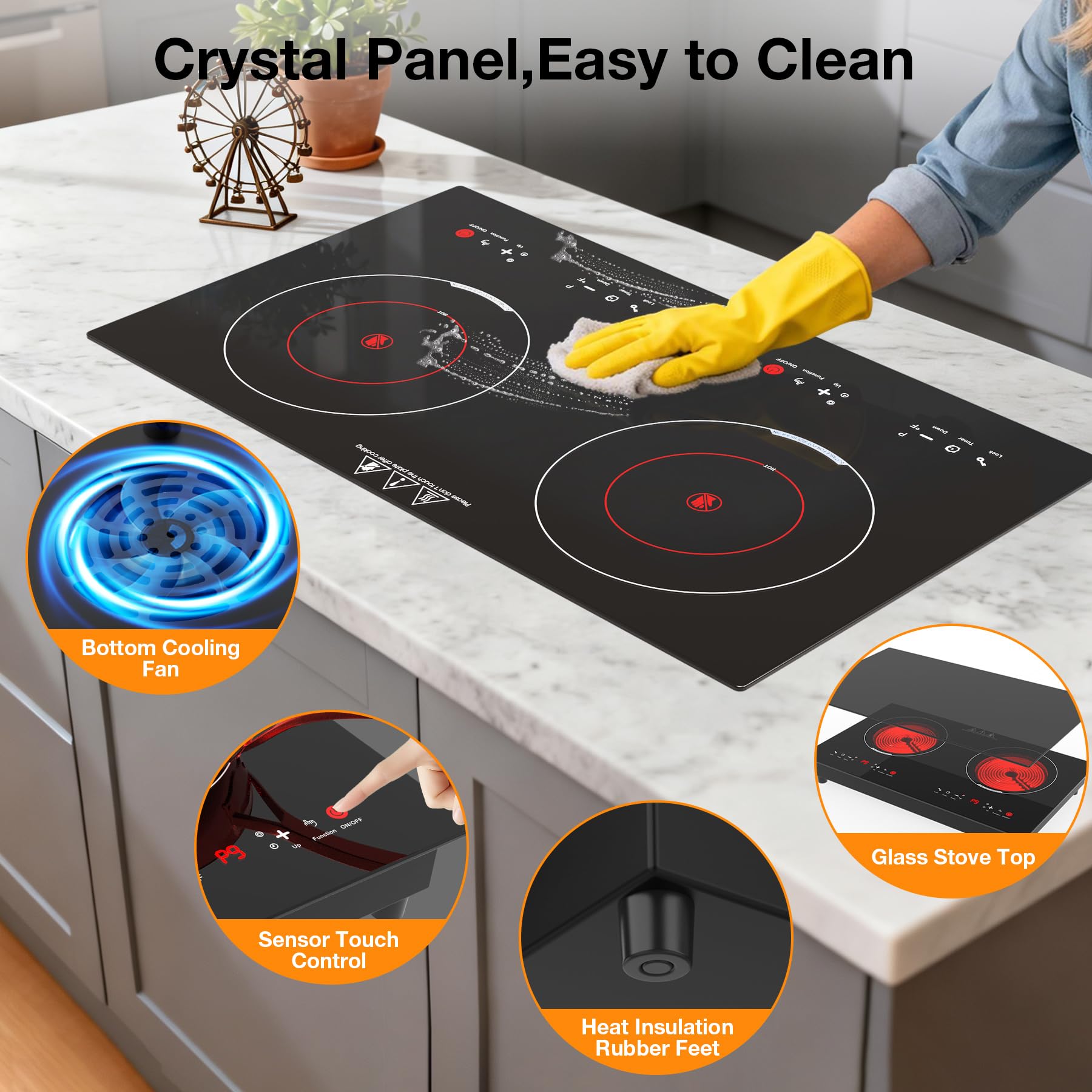 WABK Plaque Vitrocéramique 2 Feux 3600W, Plaque de Cuisson Électrique 60 cm | Encastrable ou à Poser, avec 9 Niveaux et Minuterie, Compatible Tous Récipients, pour Cuisine, Studio et Appartement