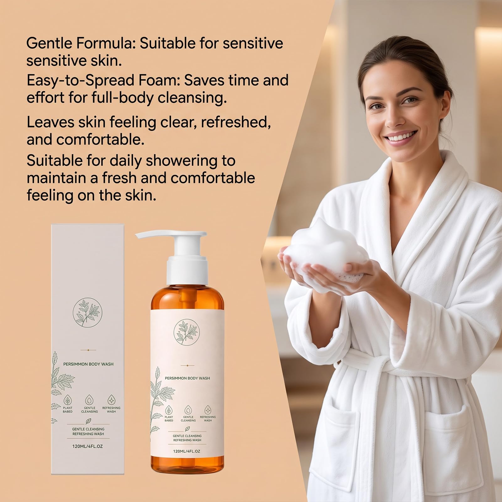 Bagnoschiuma deodorante al cachi – Gel doccia quotidiano con estratto botanico, detergente delicato e lenitivo per la pelle, lavaggio che dona freschezza e pulizia profonda per pelli mature. (4pcs)