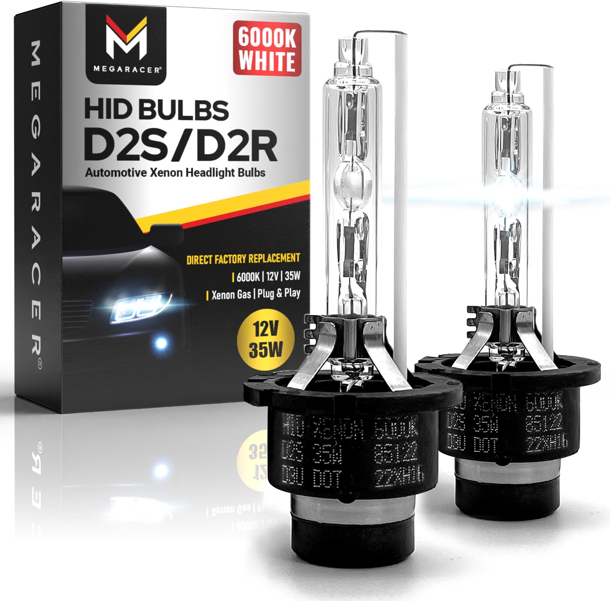 D2S/D2R HID Xenon Headlight Bulbs - 6000K Cool White, 35W - Fits 85122, 66240, 66040 - OEM Replacement for Car HID Headlights (Not for Halogen Headlight Assembly), P32d-2 Base, Plug-and-Play - 2 Pack