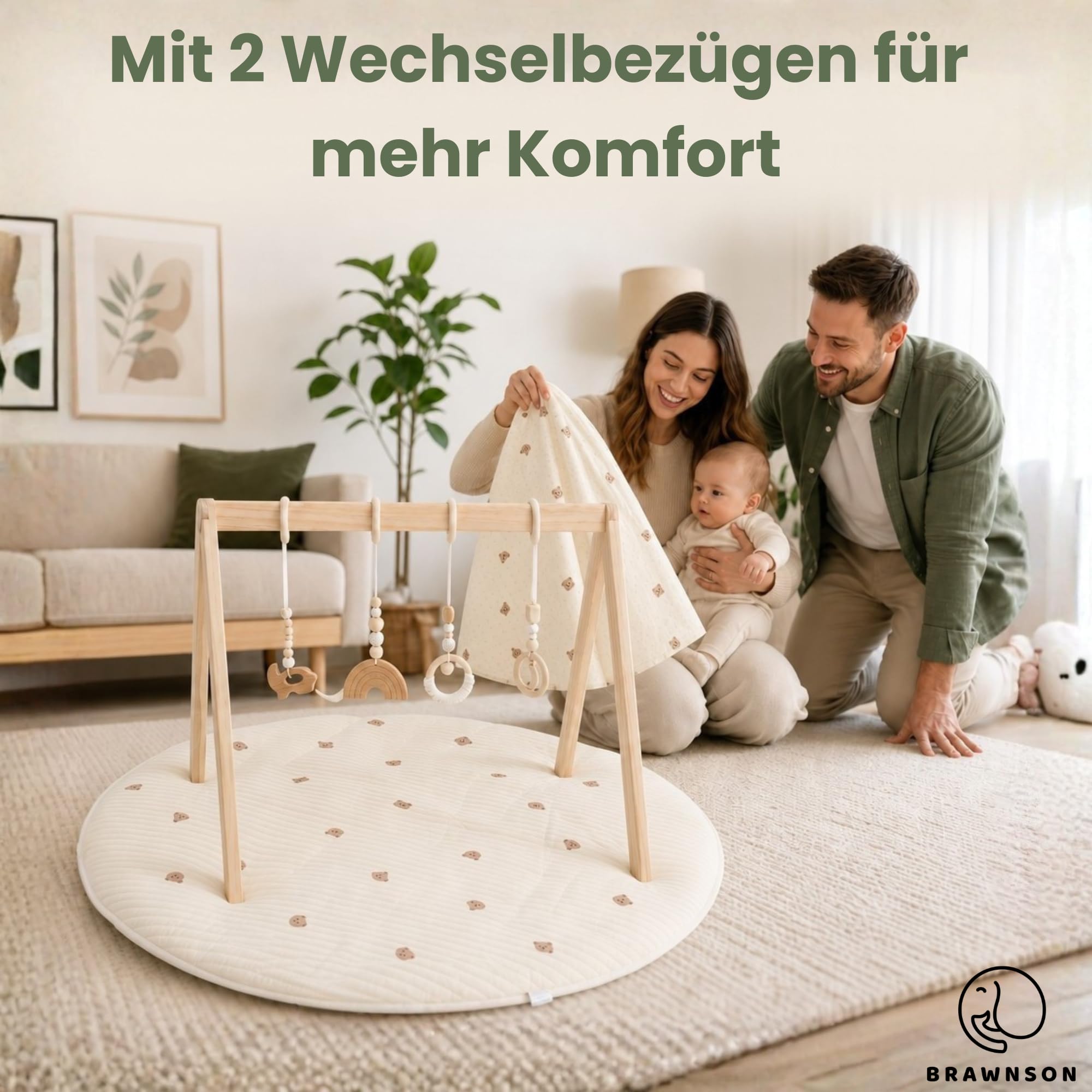 Baby Spielbogen Holz mit Krabbelmatte und zusätzlichem Bezug – Montessori Babygym aus Naturholz, extra dicke waschbare Krabbelmatte für Neugeborene ab 0 Monaten