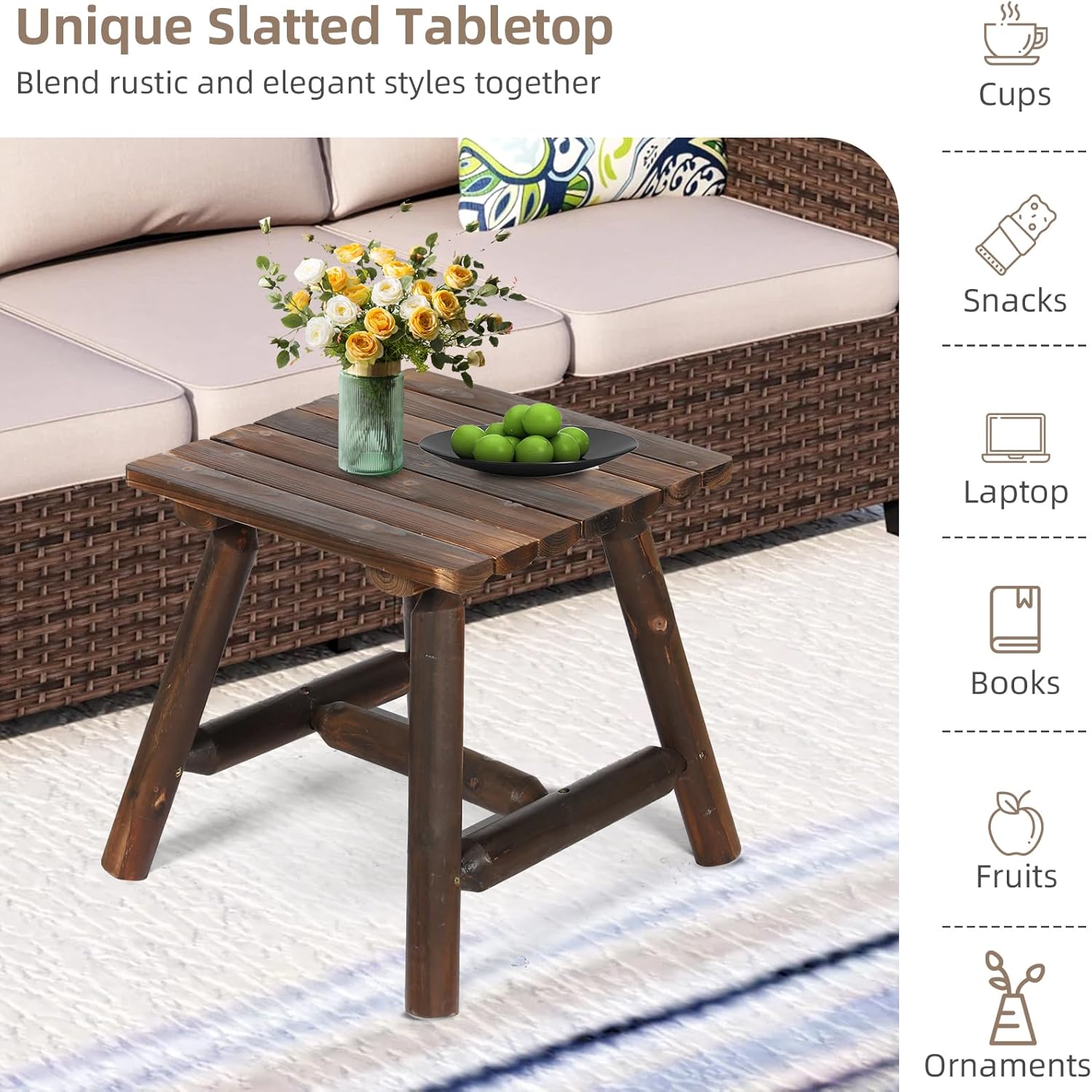 Outdoor Adirondack Log Side Table, 19.5" Thick Wooden Patio Square End Table with Slatted Tabletop, Solid Wood Rustic Accent Table for Indoor & Garden Deck Porch Balcony Backyard, Carbonized