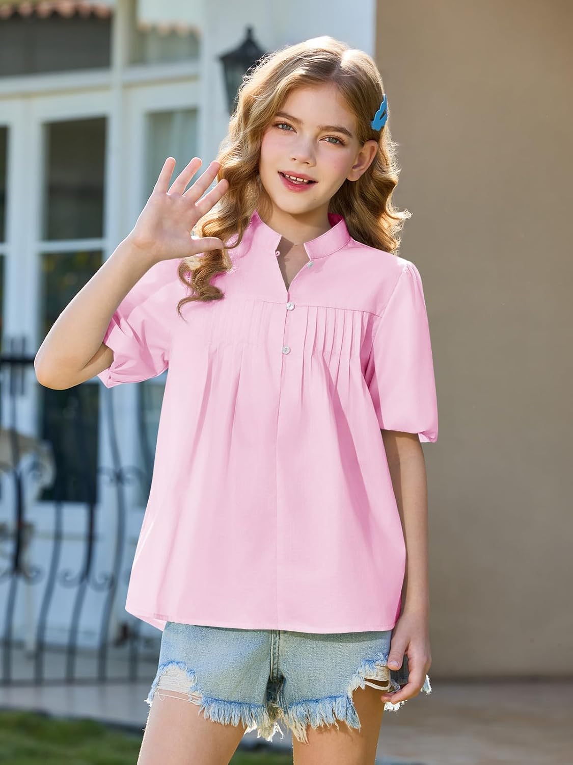 Girls Puff Short Sleeve Shirts Kids Casual Pleated Half Button Loose Blouse Summer Tops 5-14 Years - Image 2