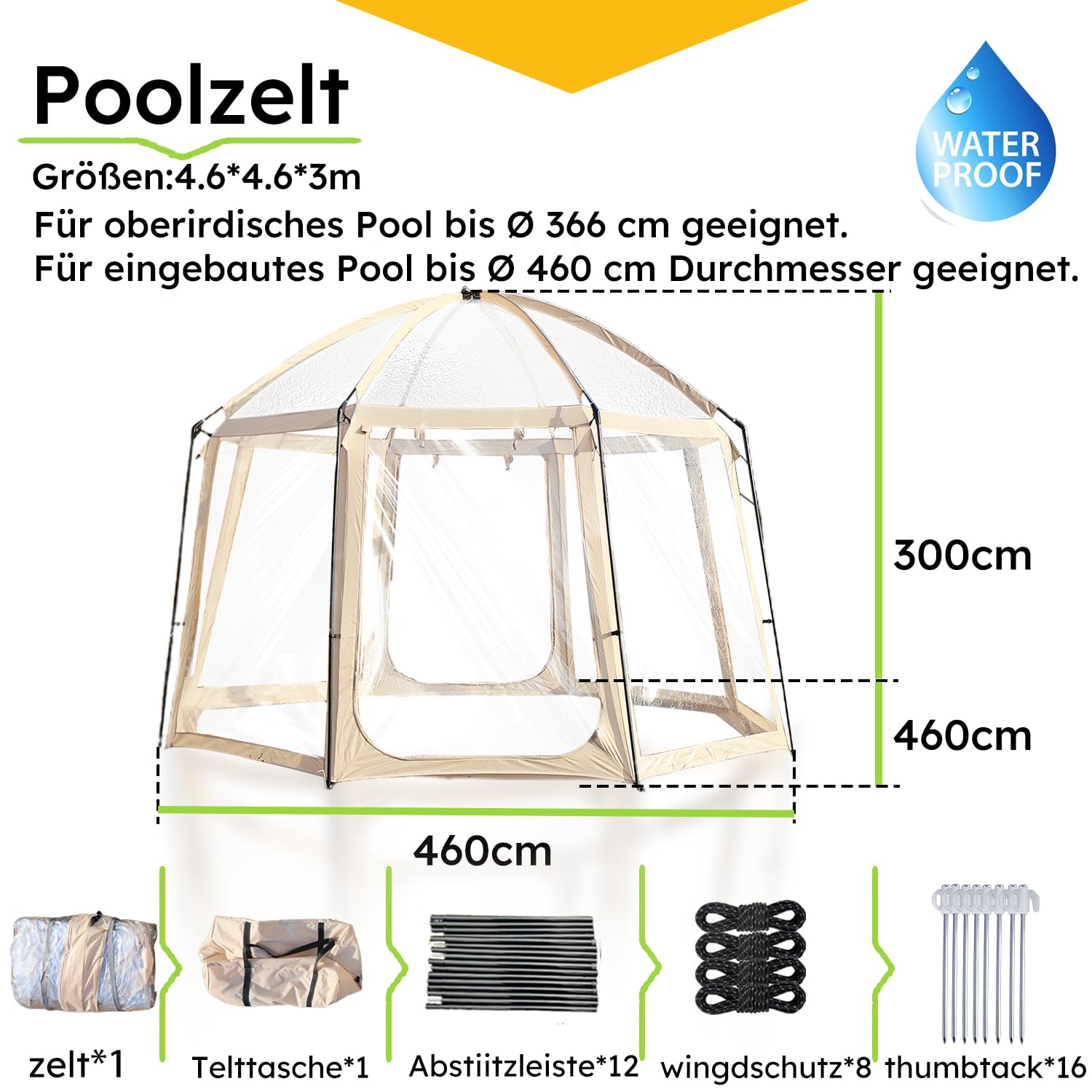 Pool Überdachung, Pooldach Für Pools bis Ø 366 cm, 2 IN 1 Whirlpool Überdachung und Bubble Zelt, Poolabdeckung Rund - 100% Blätterfall Verhindern und Sonnenschutz, Pool Pavillon, 460 x 460 x 300 cm.