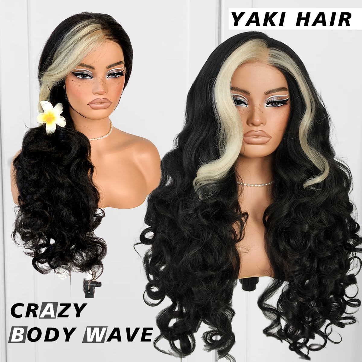 13x6 Skunk Stripe Wig Glueless Crazy Body Wave Lace Front Wigs Pre Plucked Synthetic Yaki Highlights Wear And Go Wig Pre-Cut