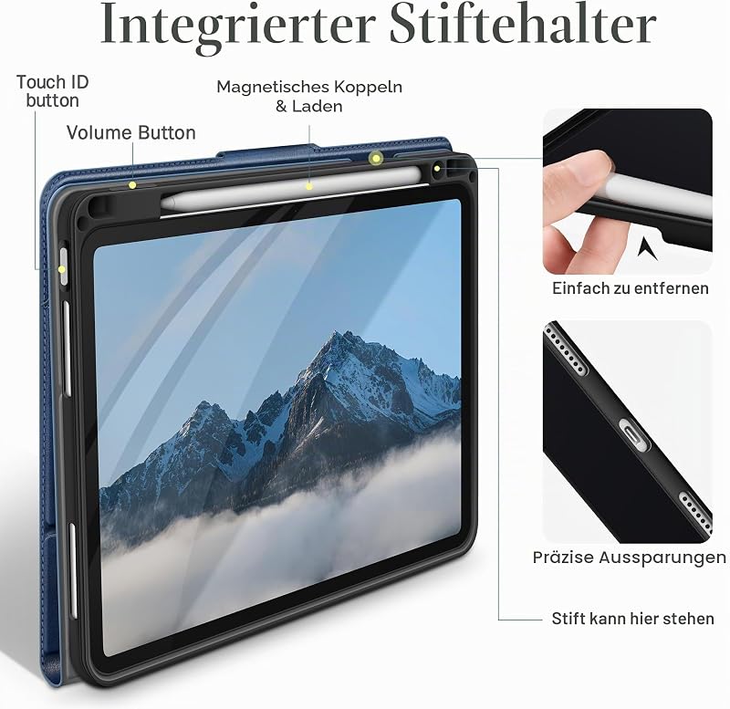 Husă AUAUA pentru iPad Air 13 inchi M3 M2 2025 2024 cu suport pentru creion, buzunar, unghiuri de vizualizare multiple, închidere magnetică, funcție auto sleep/wake, negru