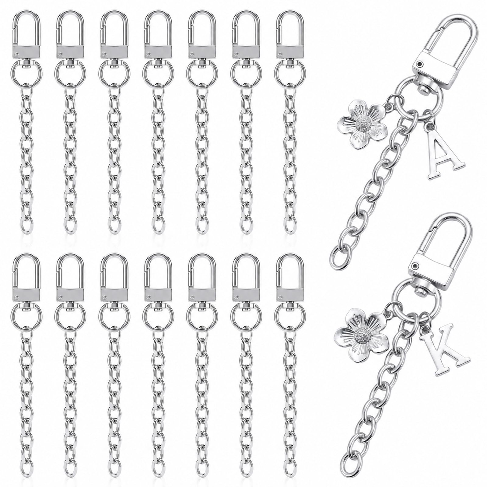 15 PCS Metal Keychain Clips with Key Ring Bulk, Swivel Snap Hooks Lobster Claw Clasps and Extender Key Chain Making Kit for DIY Craft Supplies Jewelry Bag Charm Chain Accessories Gift (Silver)