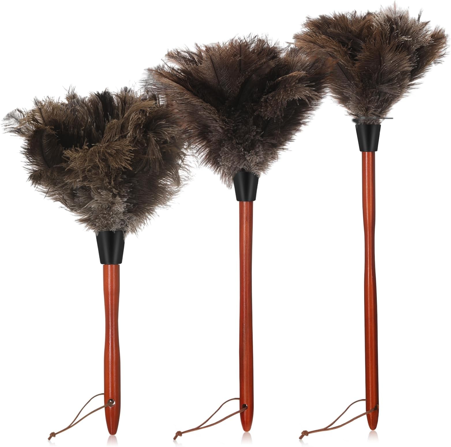 3 Pcs Feather Duster Long Handle for Cleaning Ostrich Feather Duster with Varnished Wooden Handle 23" 19" 15" Handheld Cleaning Supply Brown Fluffy Dust Remover Natural Reusable Hand Duster