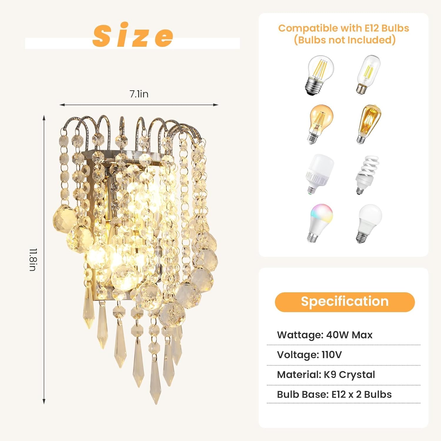 Crystal Wall Sconce, 12x7 Inch Small Indoor Wall Lights, E12*2 Socket Chrome K9 Acrylic Crystal Drops Shade Modern Wall Lamp for Bedroom, Living Room, Corridor, Bedside, Bathroom, Mirror