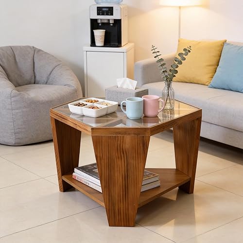 Miniatura 8 de Mesa de centro hexagonal de cristal con base de madera geométrica, mesa central moderna con estante inferior abierto, mesa de centro para sala de