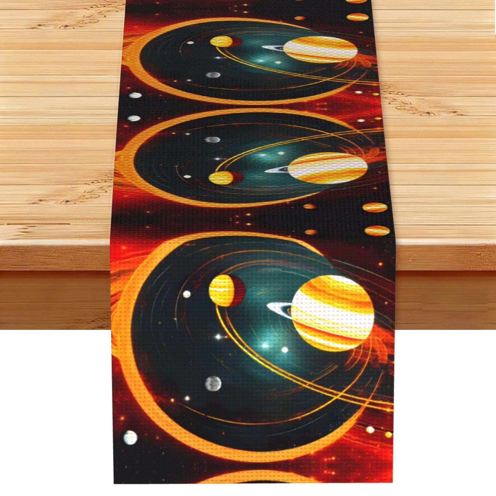 Solar System Jupiter Saturn Printed Kitchen Table Runner 13x72, Faux Linen Style Decor for Home Wedding Banquet Fireplace