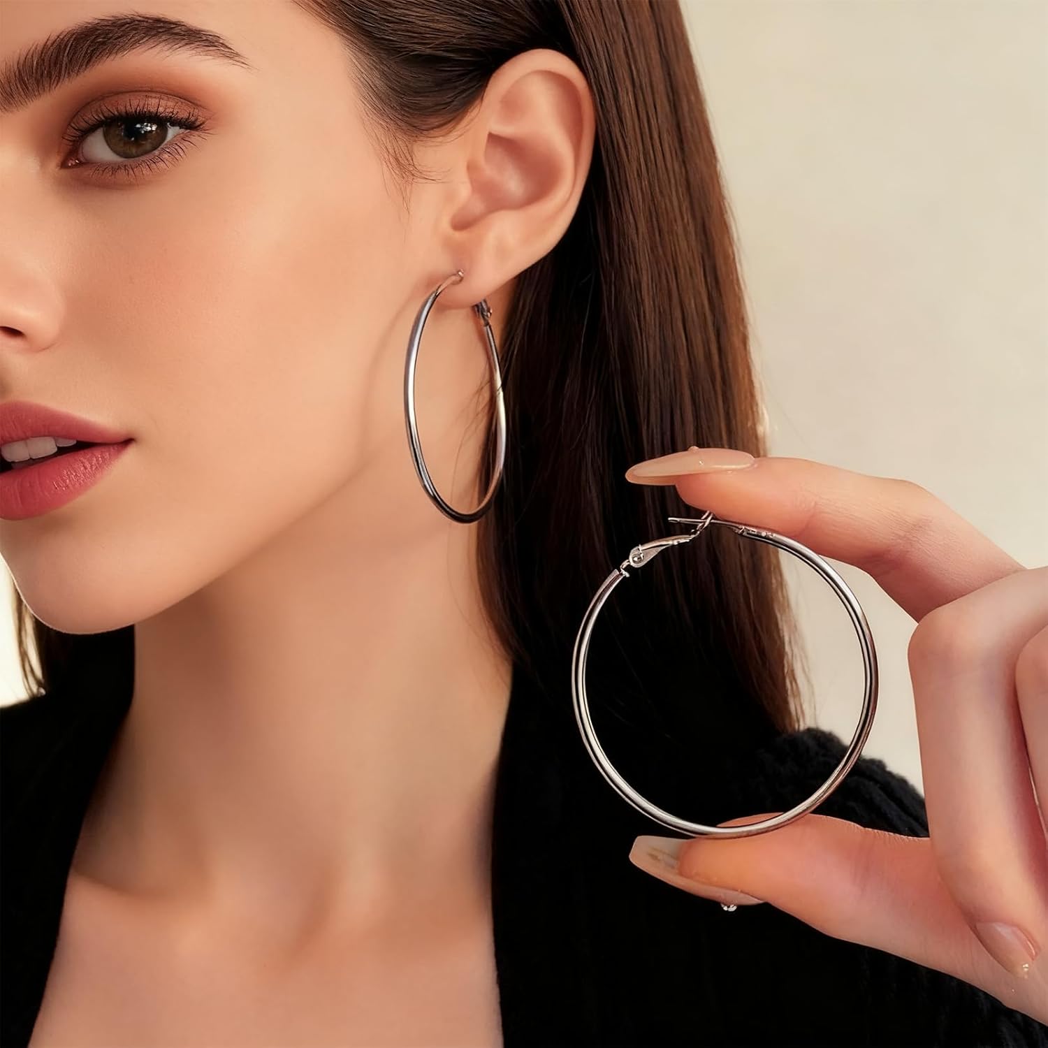 1 Pairs 60/70mm Silver 14K Gold Rose Gold Hoop Earrings for Women Hypoallergenic Stainless Steel Lightweight Big Hoops Shiny Dangle Earrings Trendy Jewelry Gifts - Image 5