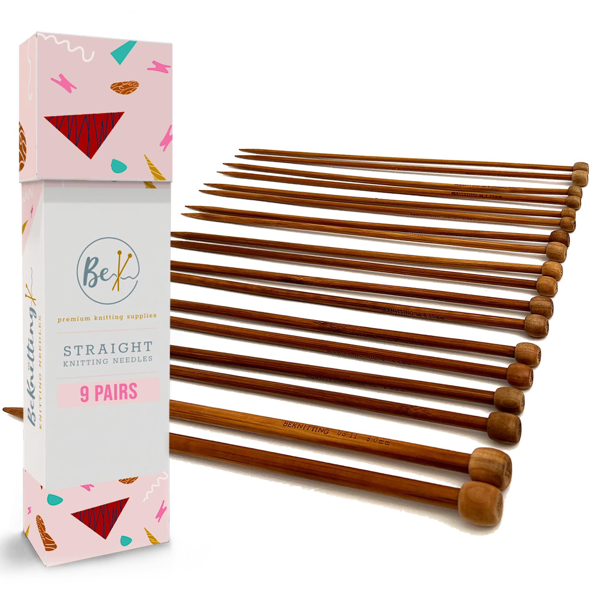 BeKnitting 9pc (10") Bamboo Straight Knitting Needles Set | Carrying Case | Gift, Mothers Day