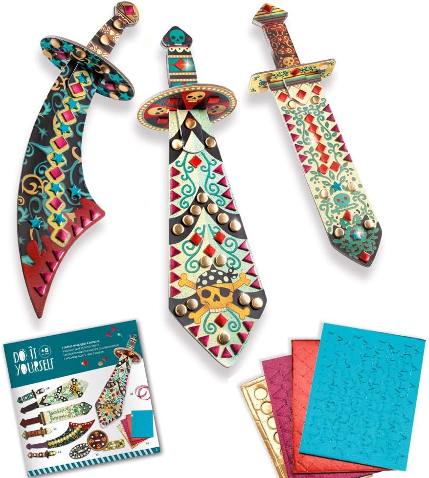 DJECO DIY Like A Pirate Sword - Craft Your Own Pirate Adventure for School or Gifts - Fun & Creative for Family & Friends, DIY Toy w/Mosaic Sticker Sword Kit for Kids 5+