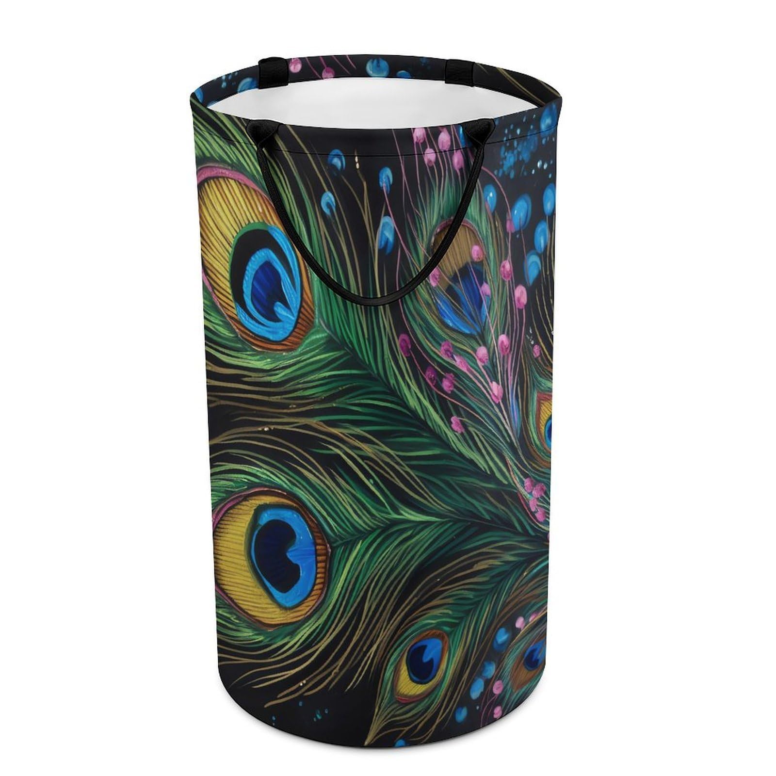 Peacock Feather Laundry Basket Freestanding Laundry Hamper with Handles Waterproof Dirty Clothes Hamper Collapsible Washing Bin Aesthetic Clothes Basket for Bathroom Bedroom Dorm