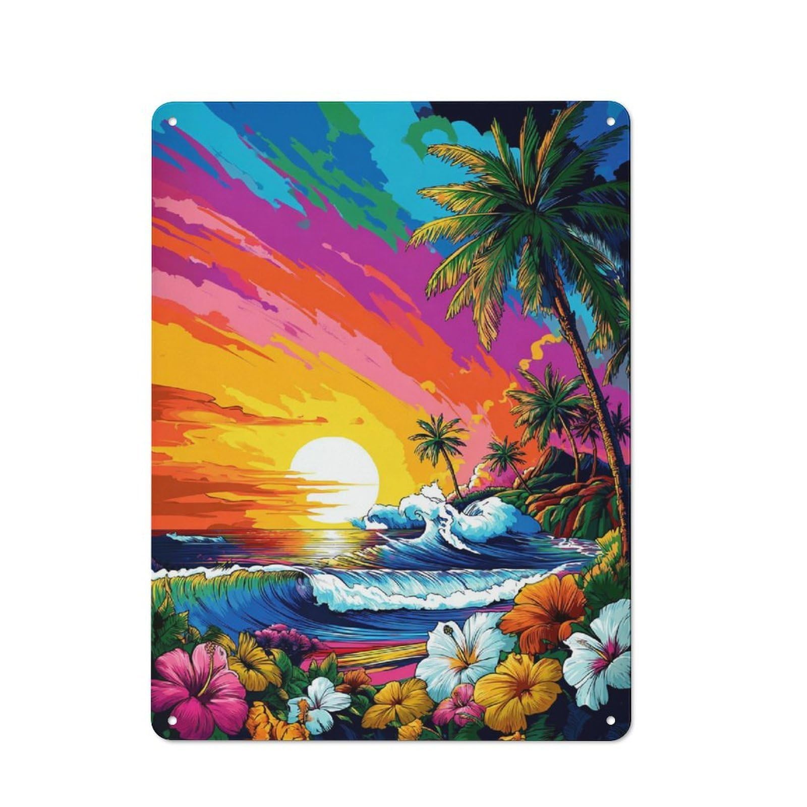 Junmoney Tropical Sunset Paradise Loft Style Metal Wall Decor 40X30cm, Decorative Metal Plaque For Loft, Studio, Office Or Creative Room
