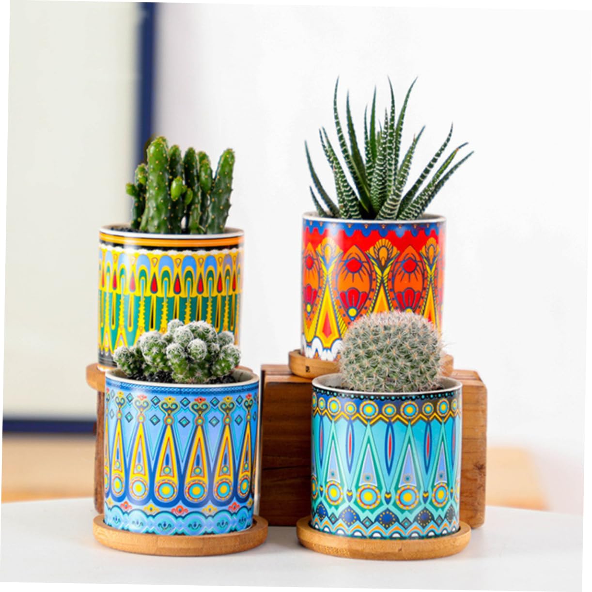 Yardwe Set 8 Pezzi Vasi Succulenti Cilindrici in Ceramica Motivo Mandala, Mini Vaso di Fiori per Piante Grasse, Ornamento per Casa e Ufficio 4 Supporti in Bambù Colorati