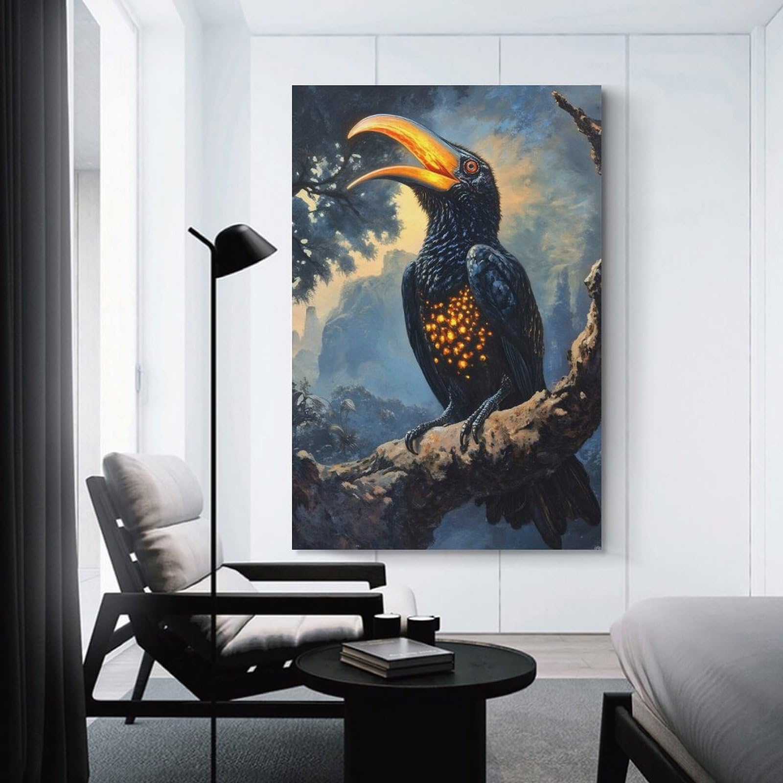 Junmoney Unframe-Style-1 Glowing Bird On Branch Canvas Wall Decor, 24X36inch(60X90cm), For Wall Displays, Bedrooms Or Room Updates, Wall Decor Suited To Curated Displays