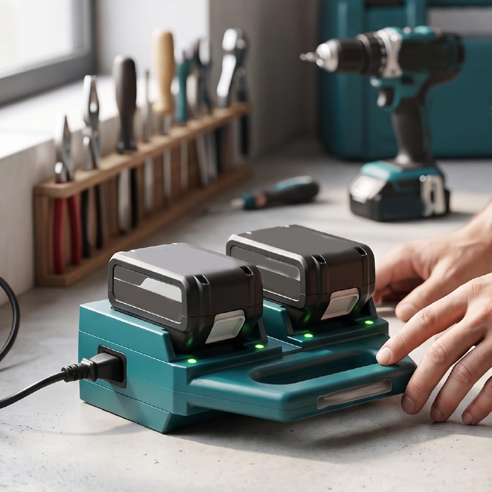 Garosa Caricabatterie a 4 Slot per Utensili Elettrici, Stazione di | Con Maniglia, Supporto Integrato per Batterie e Design Compatto, Facile da Trasportare