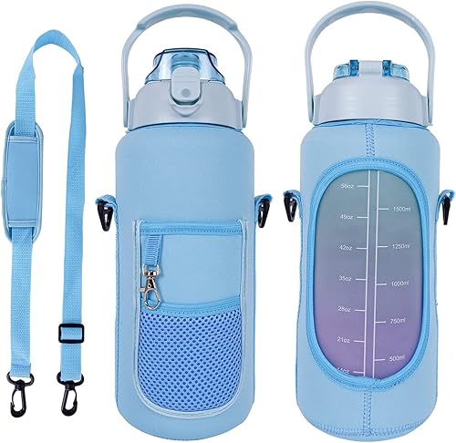 Miniatura 1 de THVALUE Botellas de agua motivacionales con marcador de tiempo, botella de agua de 64 onzas con pajita y manga, botellas de agua grandes azules con