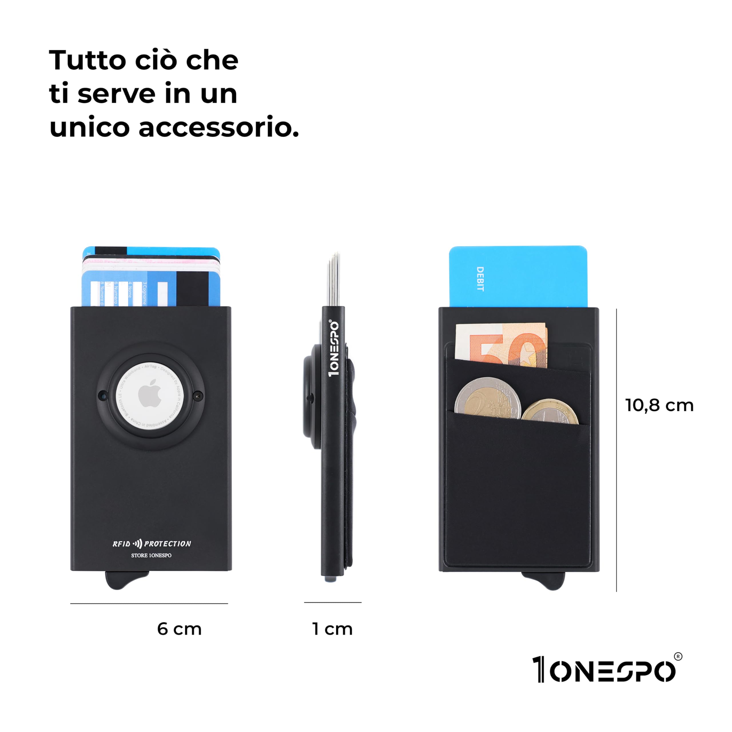 1onespo ULTRASLIM Porta carte di credito uomo - Portafoglio Airtag- Porta tessere e documenti - Portacarte protezione RFID, Nero