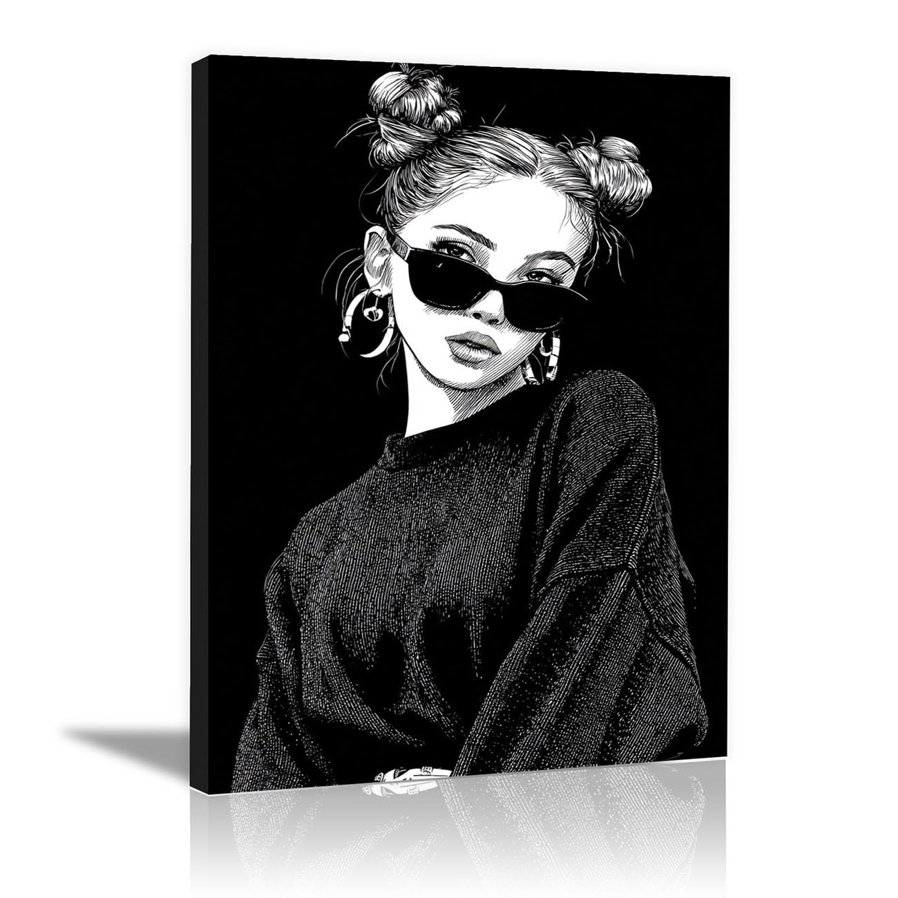 QUSAAOU African Americans Wall Art Lady Double Buns Sketch Vintage Tribal Girl Images Elegant Paintings Of Black Women Suitable For Home Wall Decoration(black)-80x120cm1 Unframed