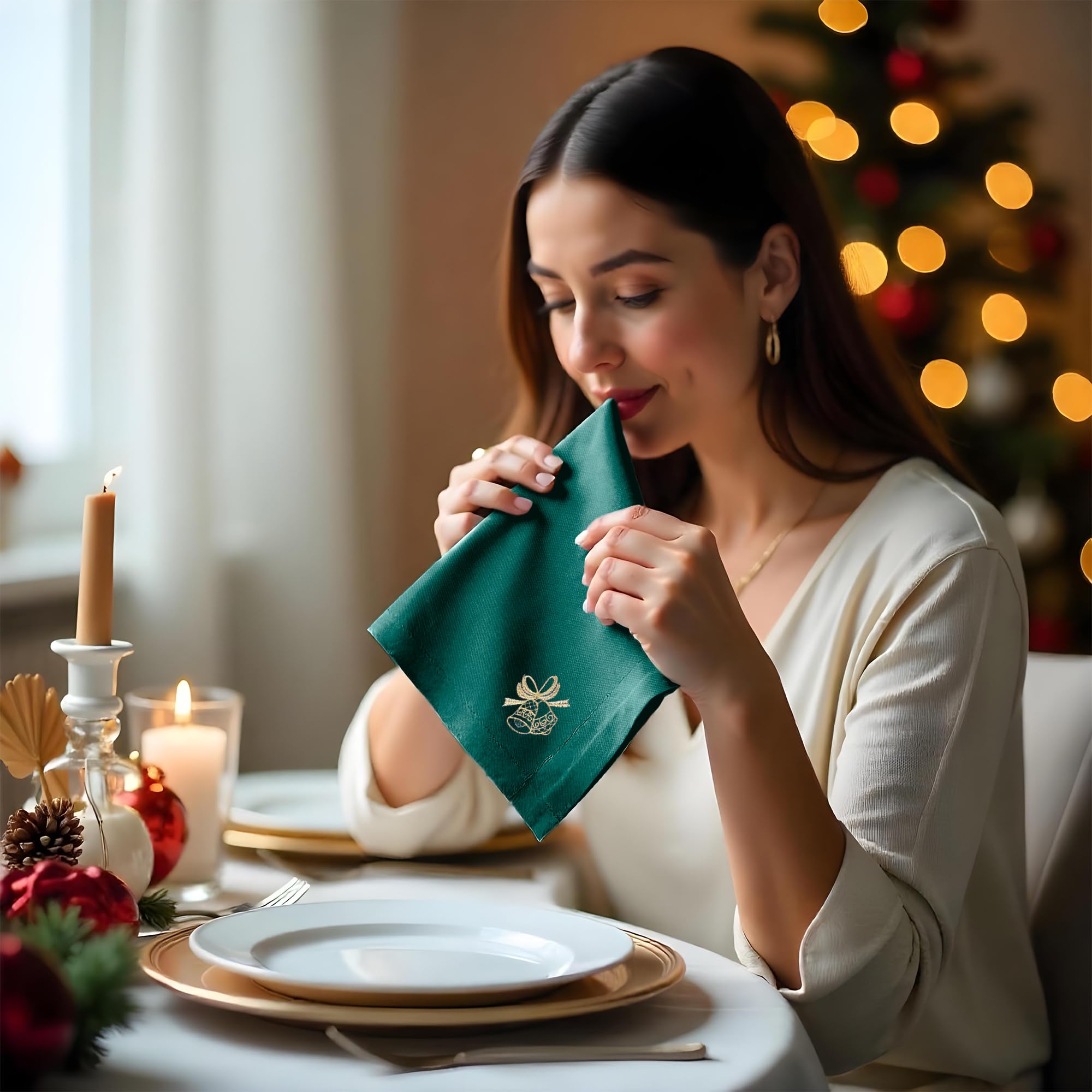 WedDecor 20 inch Filé Polyester Table Serviette avec Grelot Broderie pour Thème Noël Dîner Décorations pour Maison, Mariage,Banquet, Fête, Hôtel, Fête de Noël Décoration - Vert, 20 inch
