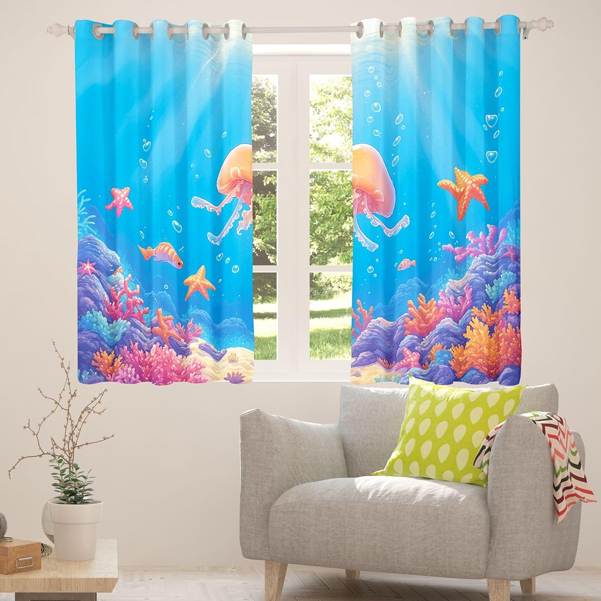 Homemissing Tende oscuranti con meduse per camera da letto e soggiorno, barriera corallina, stelle marine, tende oscuranti a tema oceano, 2 pannelli 116 x 182 cm (larghezza x lunghezza), decorazione