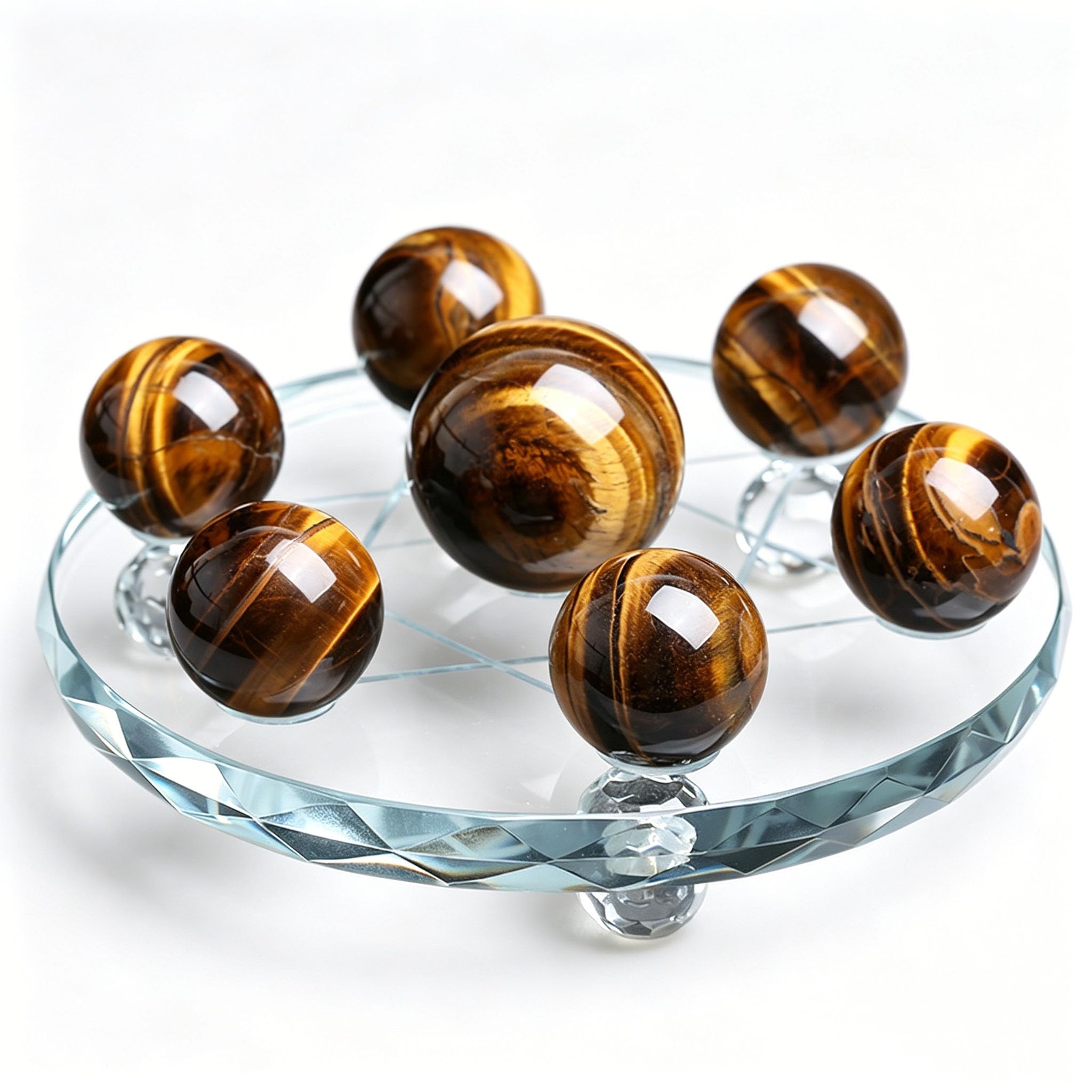 HHCTEBEC 7 Pcs Natural Tiger's Eye Crystal Sphere Ball with Stand - Seven Star Chakra Healing Stones for Feng Shui, Meditation, Home Decor,5.9in