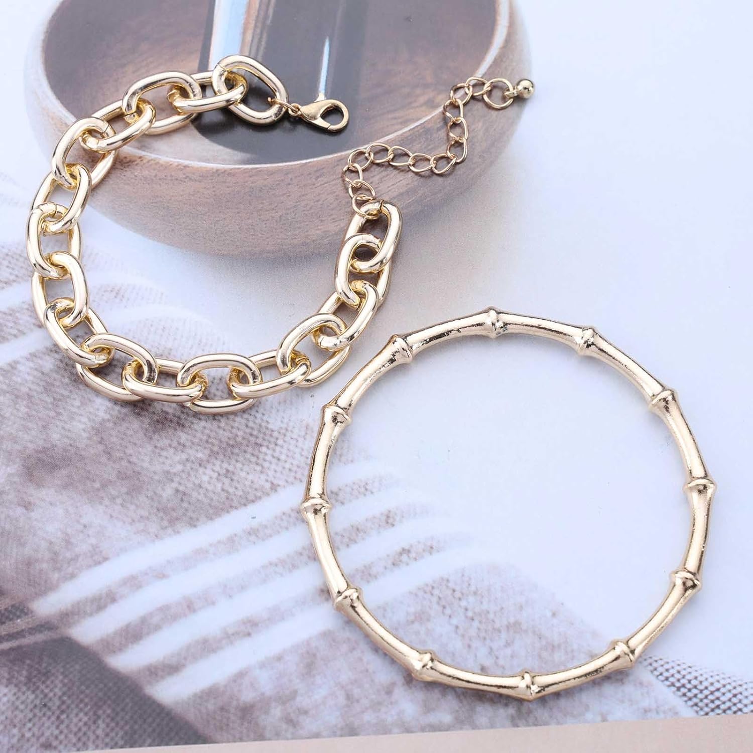 Punk Layered Gold Bracelet Chain Bamboo Bangle Cuff Bracelets Thick Twisted Chain Bracelet Metal Cuban Link Bracelet Jewelry for Women 2Pcs - Image 6