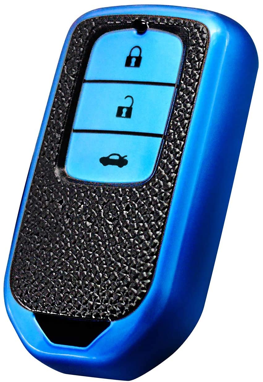 JVCV® Premium Soft TPU Leather Pattern Key Cover Compatible with Honda City, Civic, Jazz, Amaze, CR-V, WR-V, BR-V 3 Button Push Button Start Smart Key (Blue)