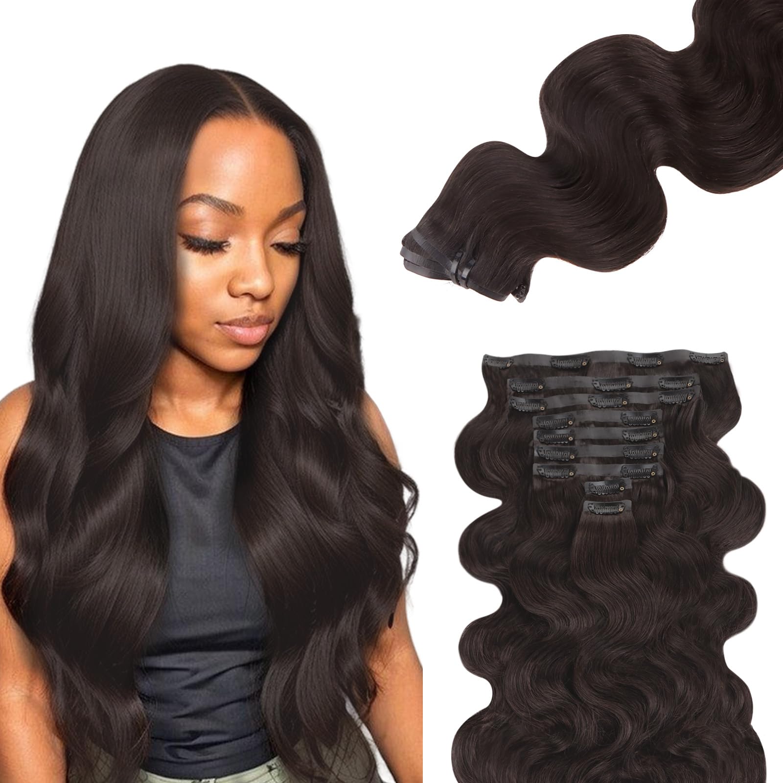 Lashey Seamless Clip in Hair Extensions Human Hair 130g 9pcs 14 Inch Body Wave #2 Dark Brown Clip in Hair Extensions for Women PU Weft Human Hair Clip