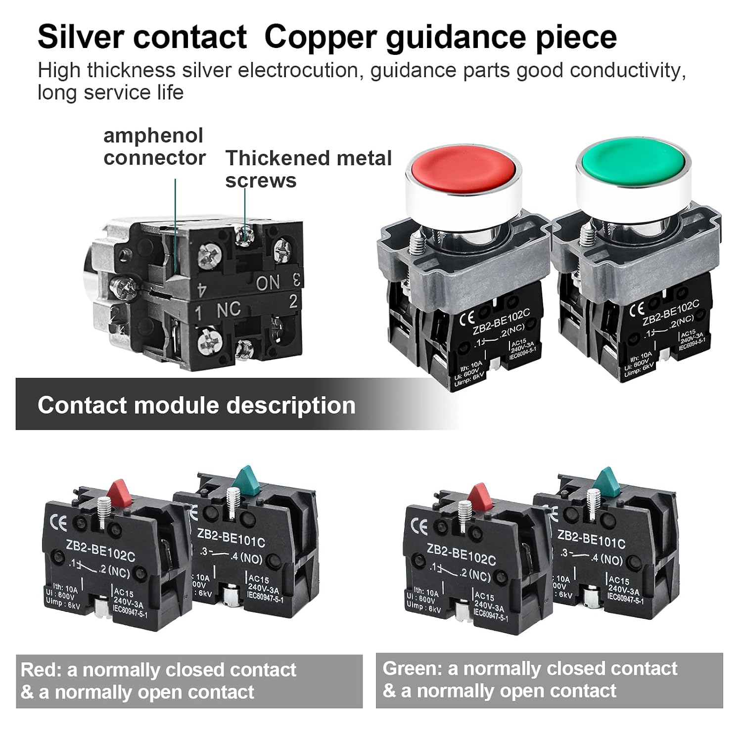 2-Pack Red and Green Metal Head Momentary Push Button Switches | Self-Resetting 1NO 1NC SPST Switches, Ith 10A, Ui 600V, Uimp 6kV, AC-15 240V 3A, CE Certified