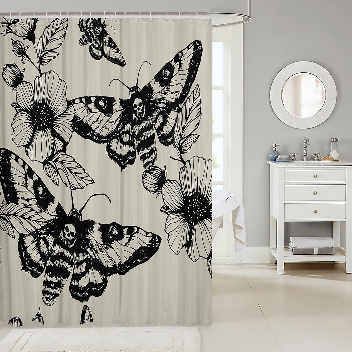 Gothic Skull Bathroom Shower Curtain Set Decorative Death Moth and Flowers Bath Curtain Kids Stalls Decor Pesonalized Skeleton Bones Shower Curtain Black Cream Waterproof Bathroom Curtains 72"x78"