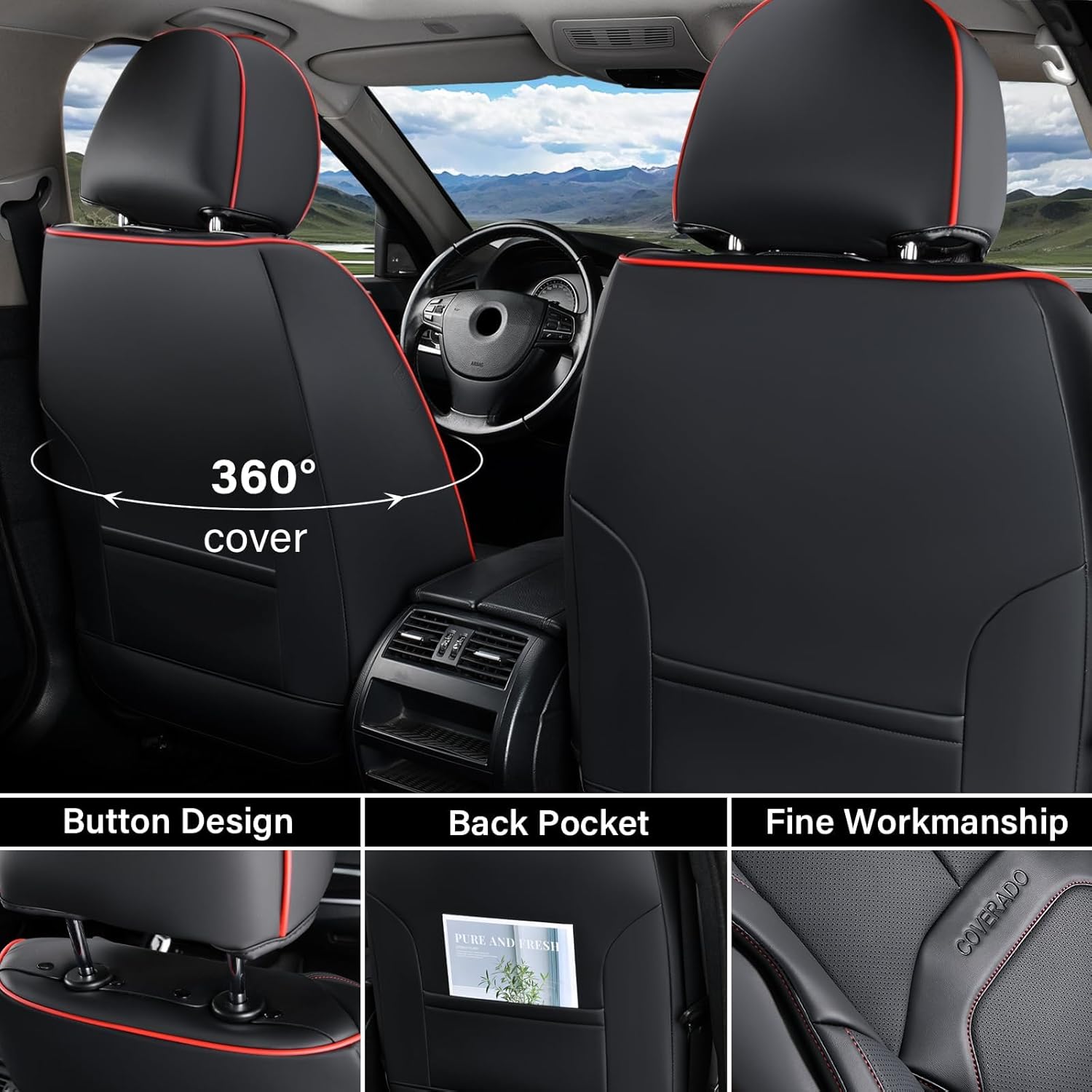 Coverado Car Seat Covers Full Set, Premium Nappa Leather Seat Covers for Car, Waterproof Car Seat Protector with Lumbar Support, Car Seat Cover Universal Fit for Most Cars SUV Truck(Black&Red)