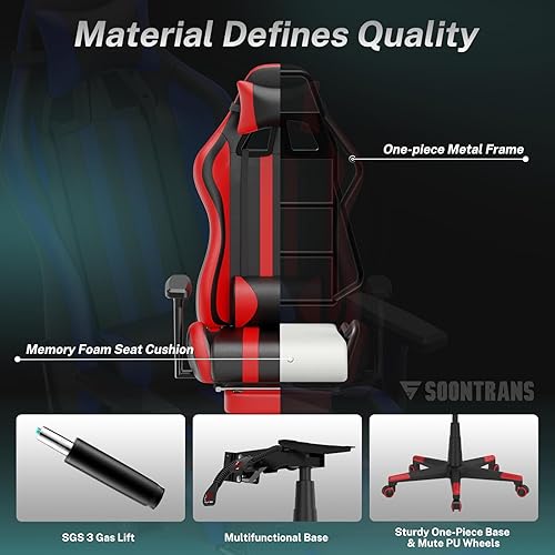 Miniatura 6 de Soontrans Silla roja para juegos con reposapiés, sillas ergonómicas de carreras de masaje para adultos, silla de jugador de altura ajustable, silla