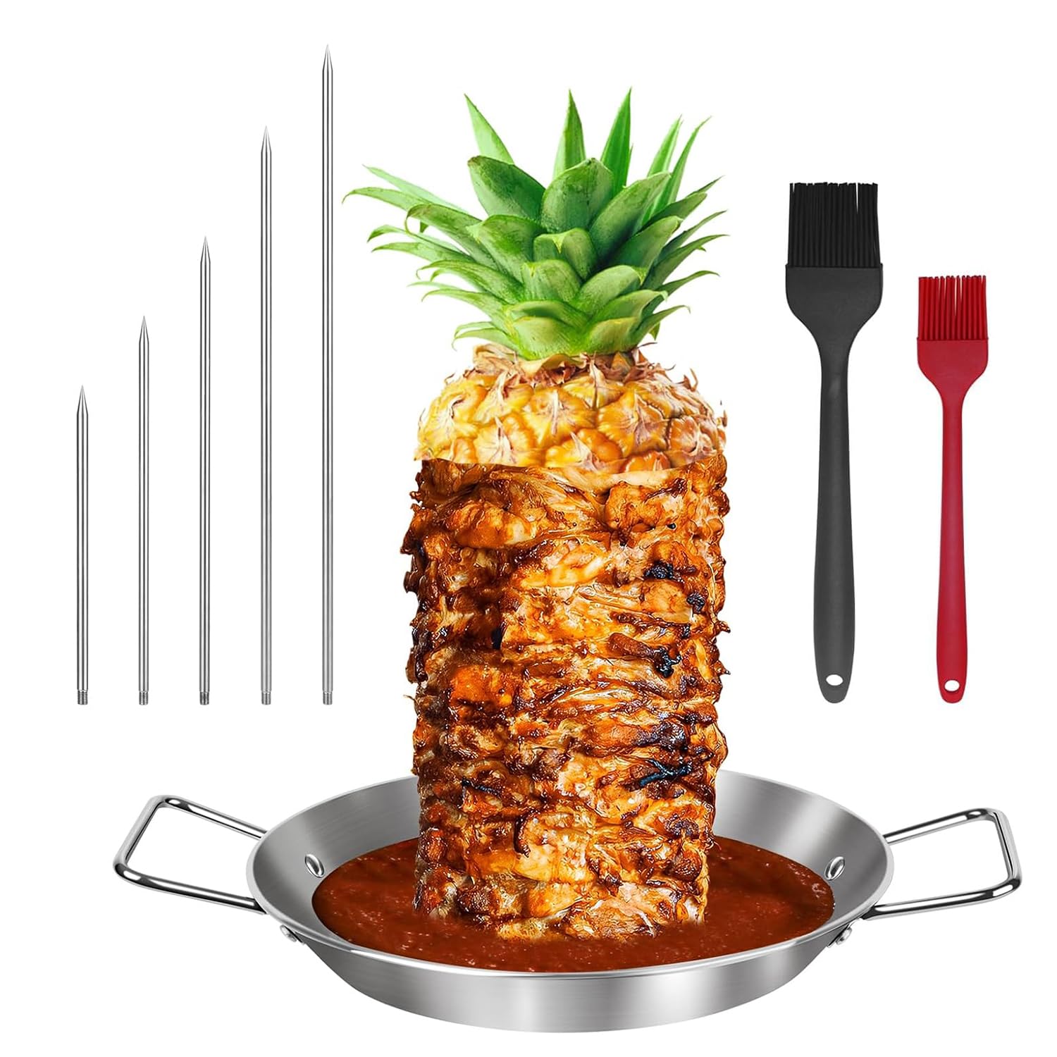Stainless Steel Vertical Meat Skewer with 2 Brushes and 5 Removable Sizes (6, 8, 10, 12, 14-inch), Shawarma Spike, Grill Rack Stand for Steak, Chicken, Fish, Turkey Kebab