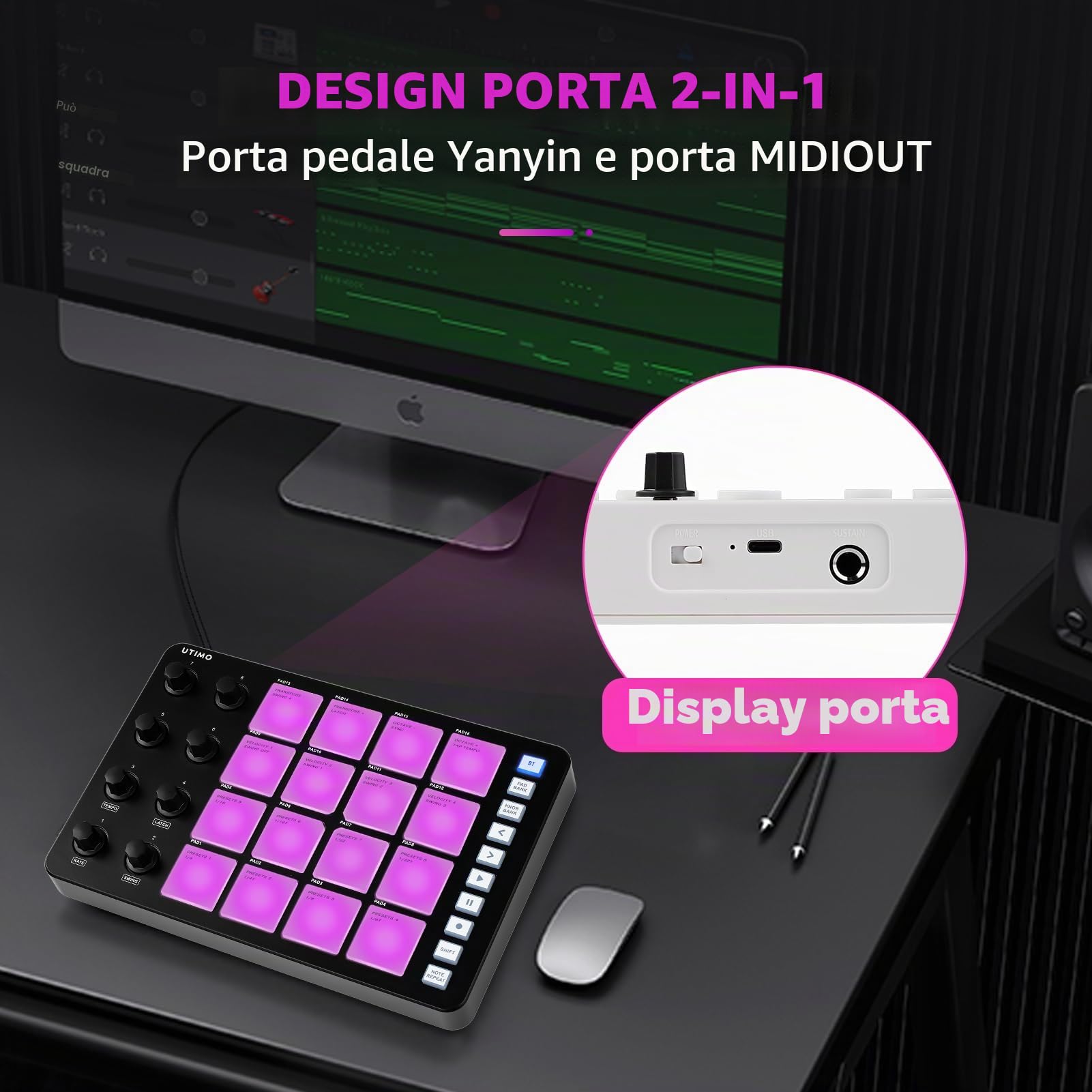 Controller Midi Pad, UTIMO SMC-Pad Drum Pad Mbeat acchina 16 Drum Tasti Retroilluminazione RGB Pad Tastiera Musica Elettronica Bassa Latenza Connessione Bluetooth Batteria Integrata Nero