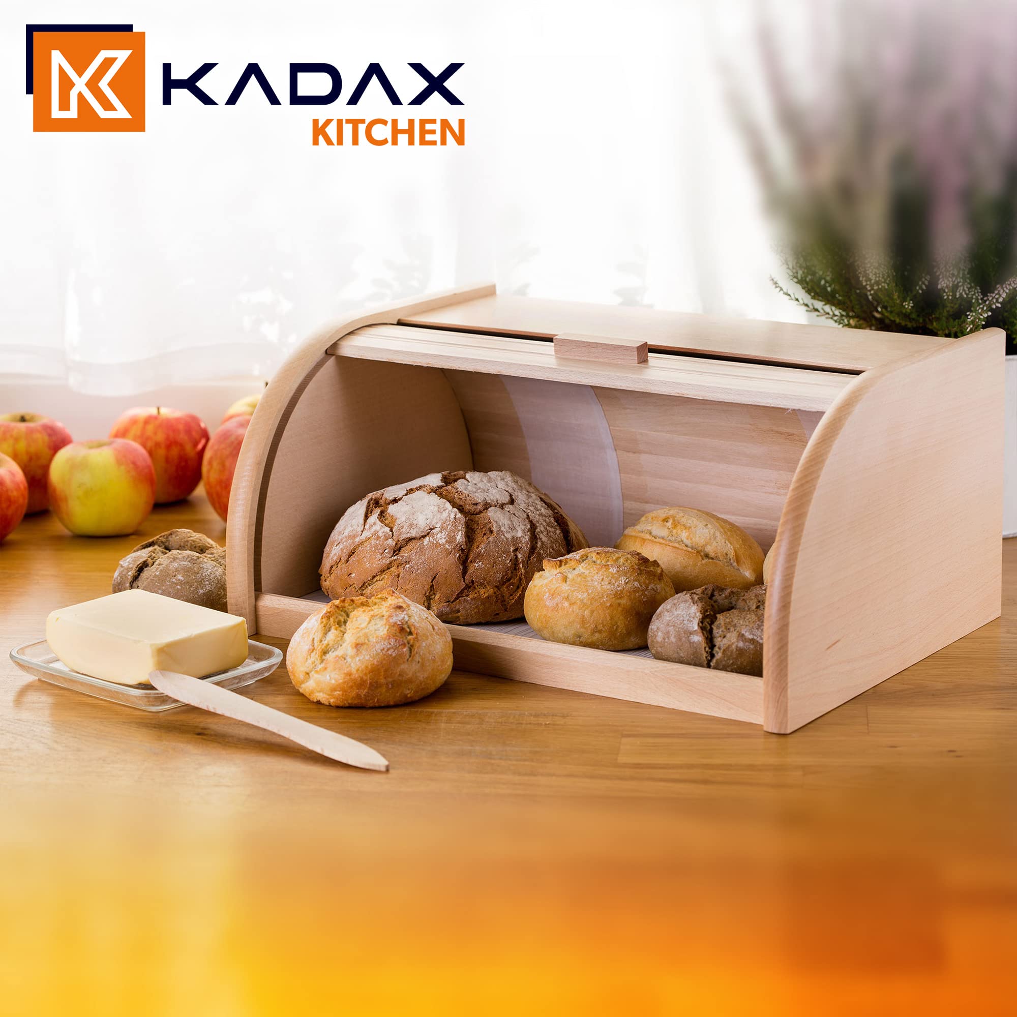KADAX Portapane in Legno, Contenitore per Pane con Coperchio Scorrevole e Grande Capacità, Porta Pane con Coperchio a Serranda per Cucina (Naturale)