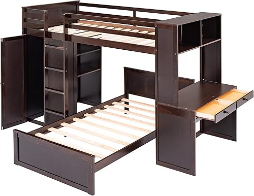 Miniatura 7 de Litera moderna de tamaño matrimonial con escalera de almacenamiento marco de cama tipo loft de madera maciza litera separable que se convierte en