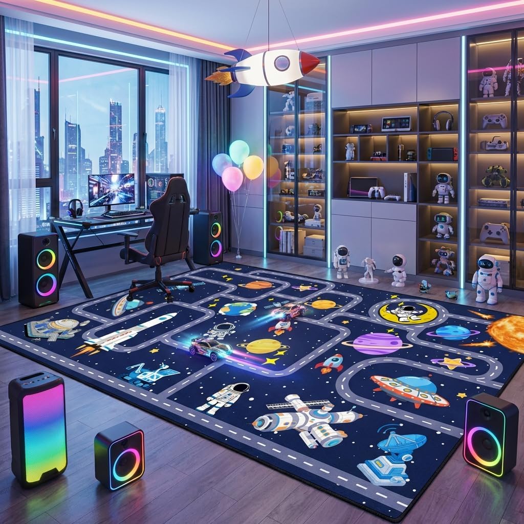 Space Rug 6x8 Feet Non Slip Kids Area Rug for Toy Cars Solar System Educational Road Traffic Carpet with Planets Astronauts Galaxy Theme for Boys Bedroom Playroom Nursery Dark Blue